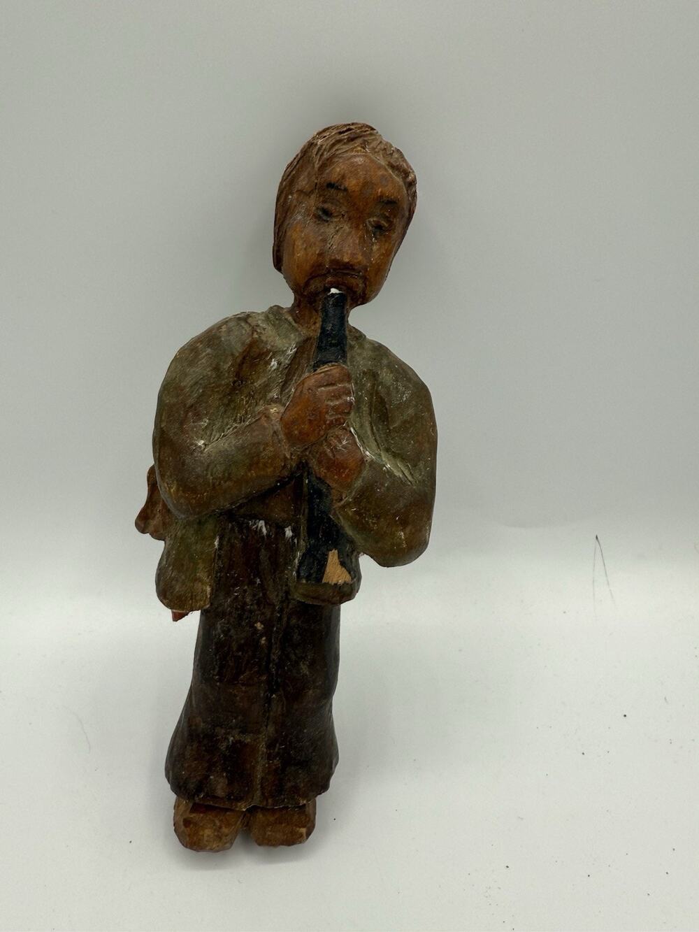 Vintage Welsh Folk Art Hand Carved Wood Flute Player Musician Figure 9”